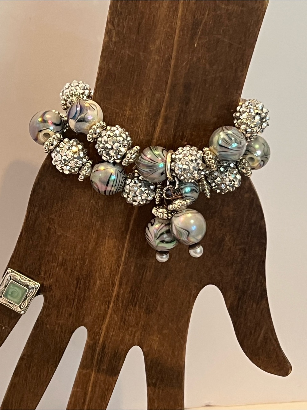 Iridescent Gray and Silver Beaded Stretch Bracelet